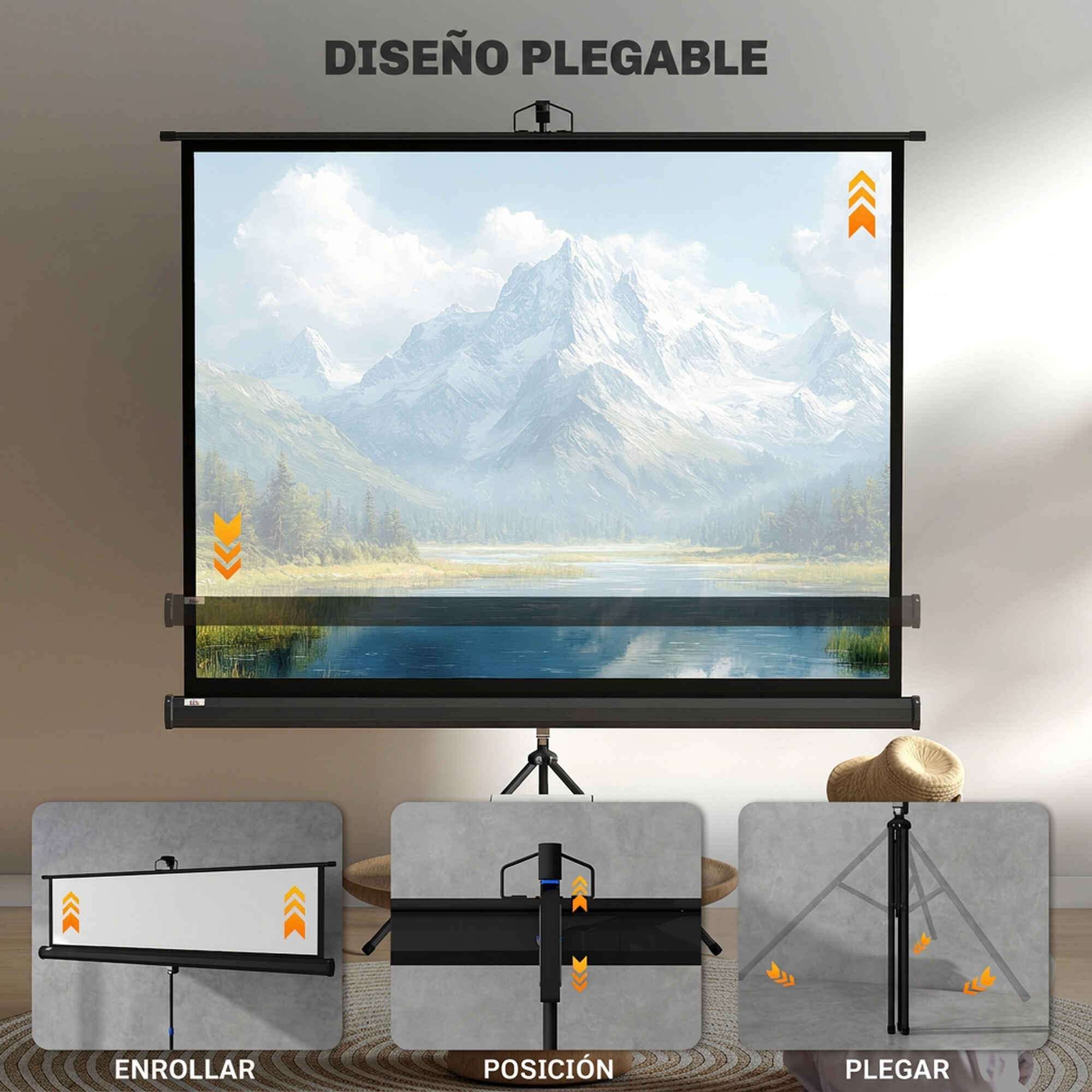 Pantalla de Proyector Manual con Soporte 84 Pulgadas Pantalla de Proyección Portátil Formato 4:3 para Interior y Exterior Eventos Deportivos Cine en Casa Patio 171x131 cm Negro