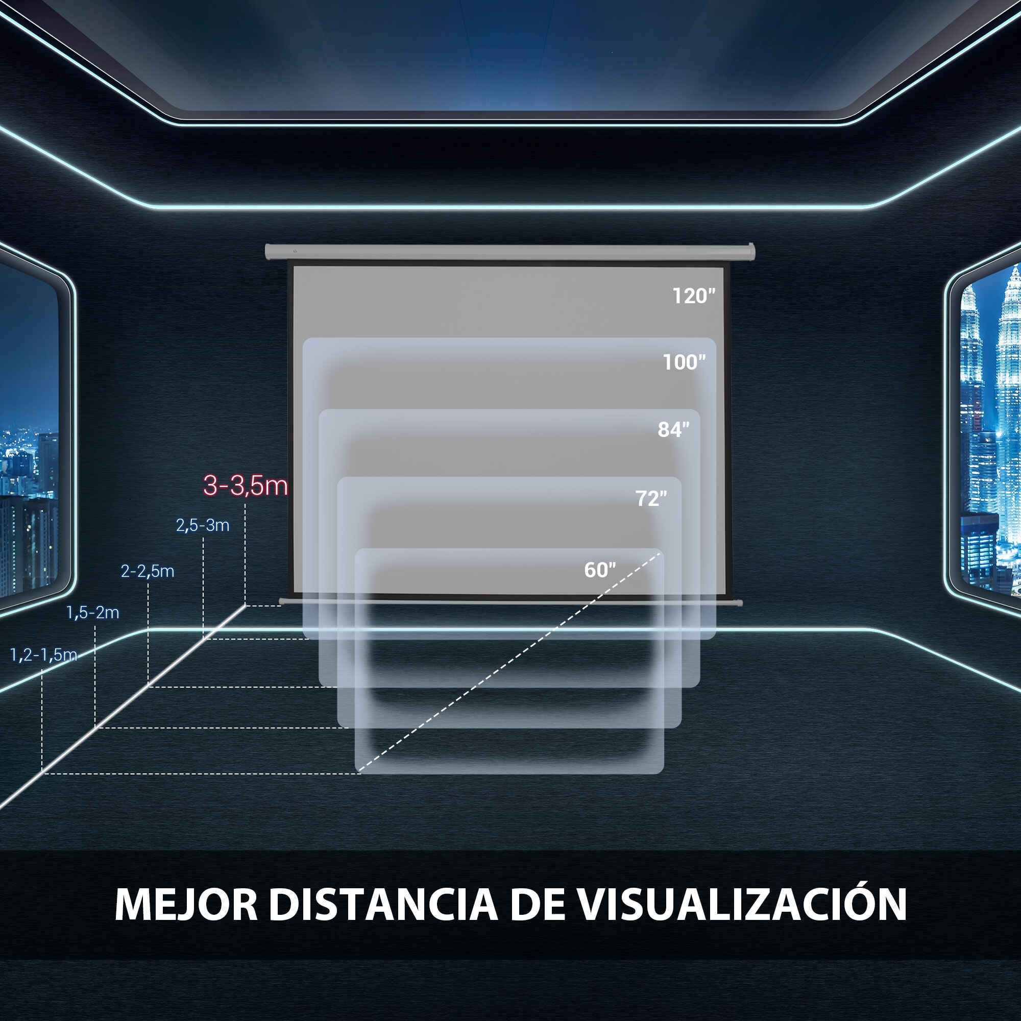 Pantalla de proyector manual 120 pulgadas 4:3/16:9 interior y exterior 244x183 cm blanco