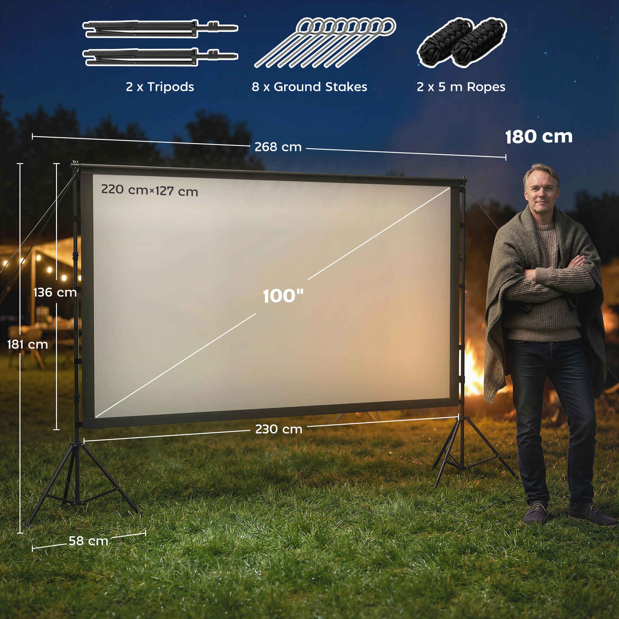 Pantalla de Proyector Manual 100 Pulgadas con Soporte, Pantalla de Proyección Formato 16:9, HD 4K/8K, Ángulo 160°, Doble Cara, Trípodes Plegables, para Interior y Exterior, Cine en Casa, Blanco