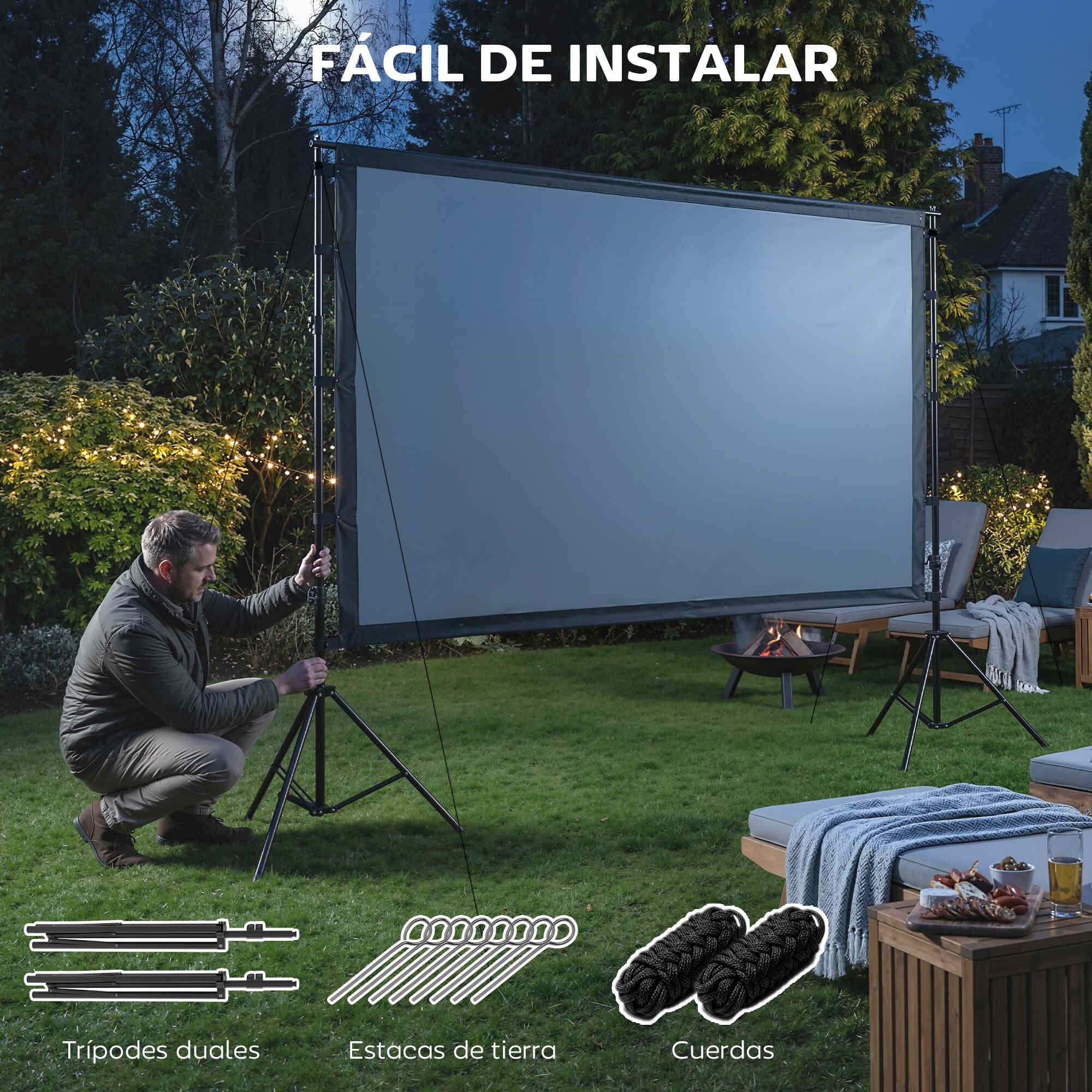Pantalla de Proyector Manual 100 Pulgadas con Soporte, Pantalla de Proyección Formato 16:9, HD 4K/8K, Ángulo 160°, Doble Cara, Trípodes Plegables, para Interior y Exterior, Cine en Casa, Blanco