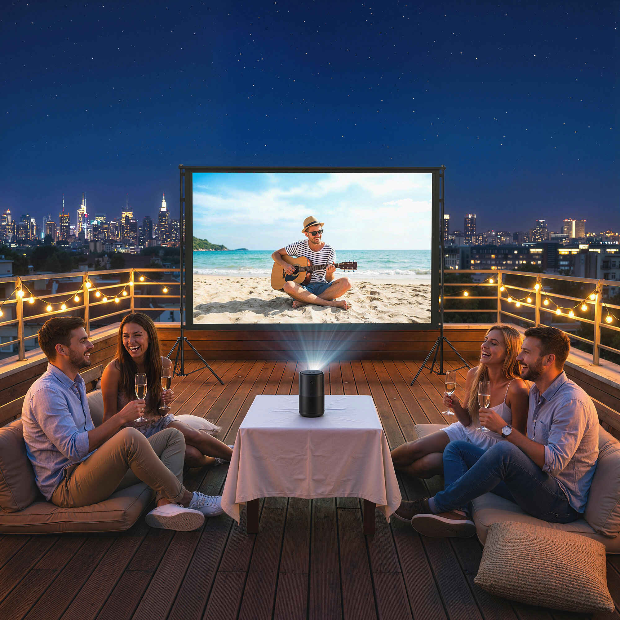 Pantalla de Proyector Manual 100 Pulgadas con Soporte, Pantalla de Proyección Formato 16:9, HD 4K/8K, Ángulo 160°, Doble Cara, Trípodes Plegables, para Interior y Exterior, Cine en Casa, Blanco