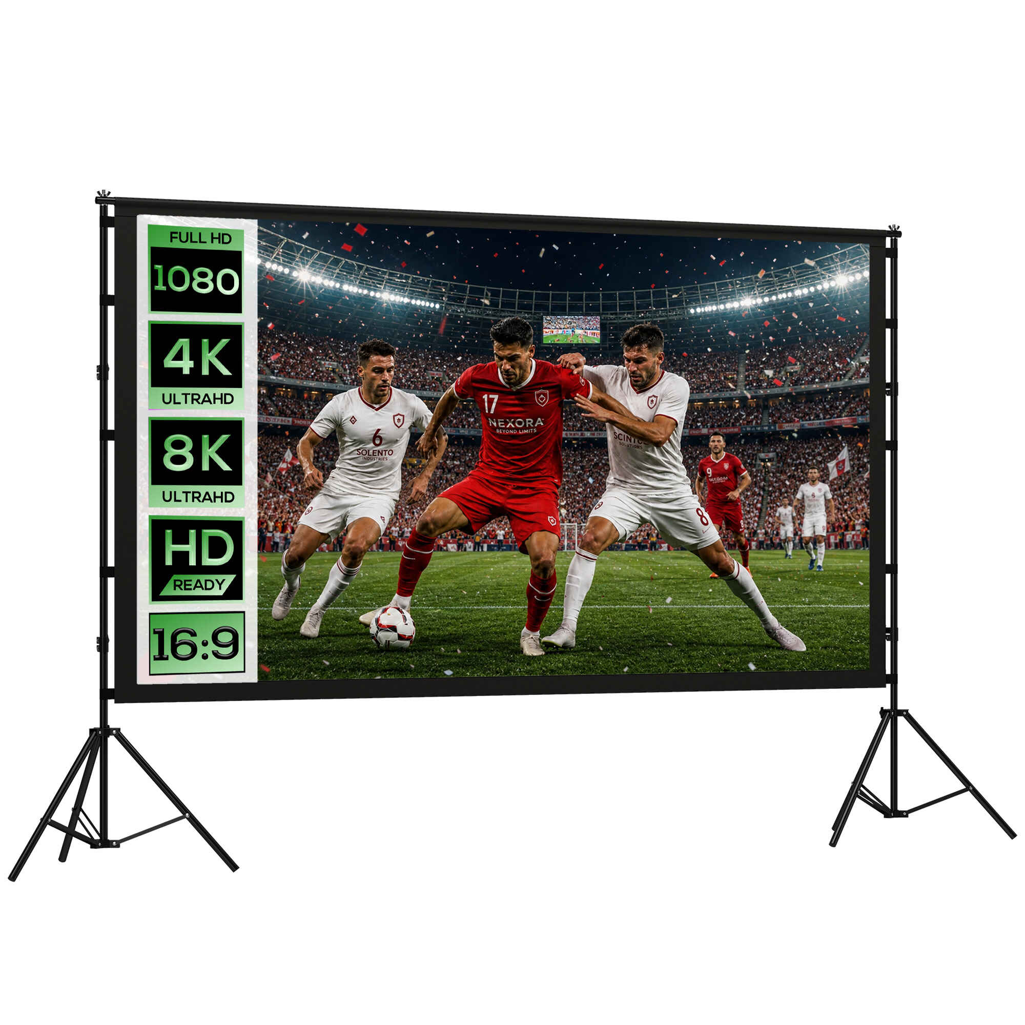 Pantalla de Proyector Manual 100 Pulgadas con Soporte, Pantalla de Proyección Formato 16:9, HD 4K/8K, Ángulo 160°, Doble Cara, Trípodes Plegables, para Interior y Exterior, Cine en Casa, Blanco
