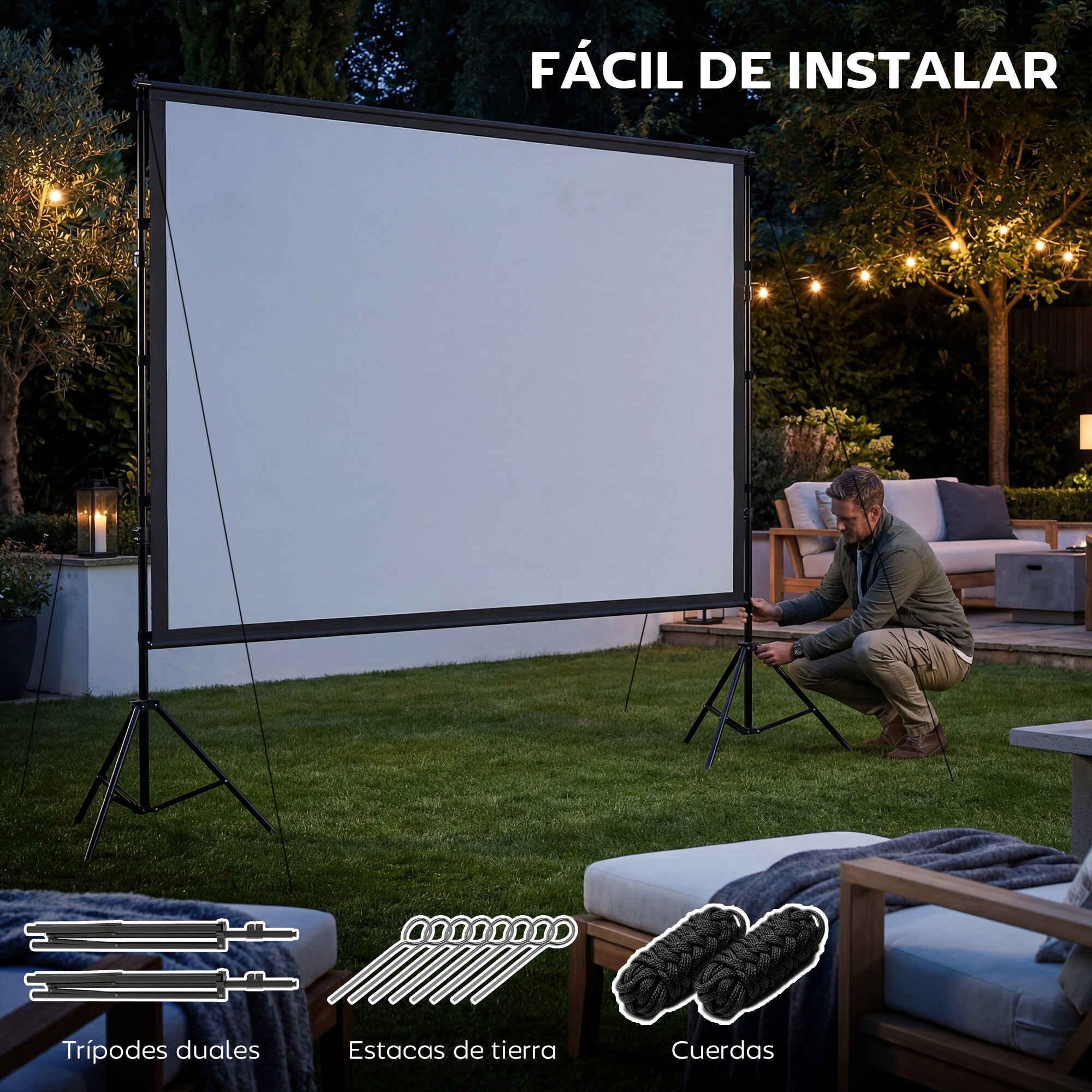 Pantalla de Proyector Manual 120 Pulgadas con Soporte, Pantalla de Proyección Formato 16:9, HD 4K/8K, Ángulo 160°, Doble Cara, Trípodes Plegables, para Interior y Exterior, Cine en Casa, Blanco