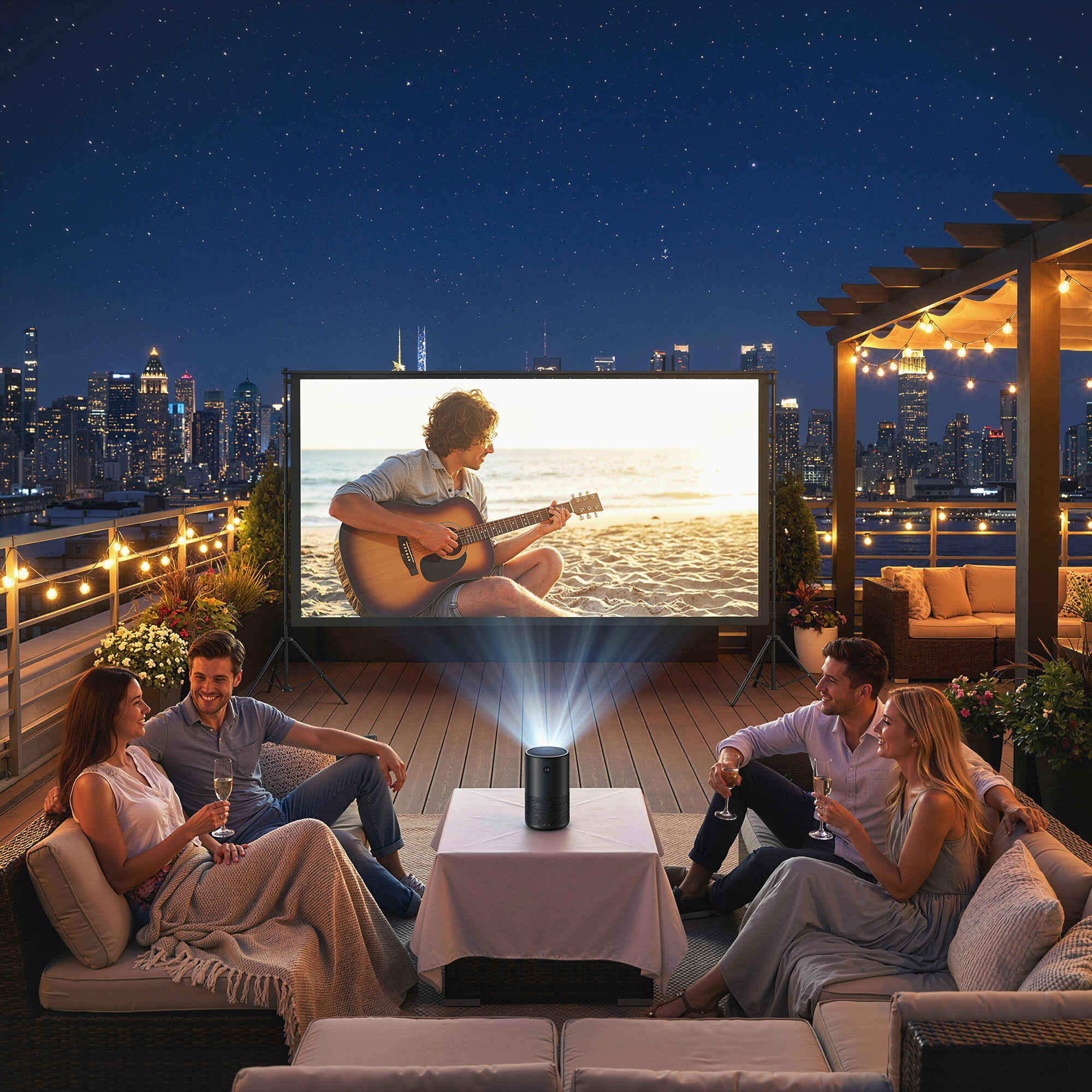 Pantalla de Proyector Manual 120 Pulgadas con Soporte, Pantalla de Proyección Formato 16:9, HD 4K/8K, Ángulo 160°, Doble Cara, Trípodes Plegables, para Interior y Exterior, Cine en Casa, Blanco