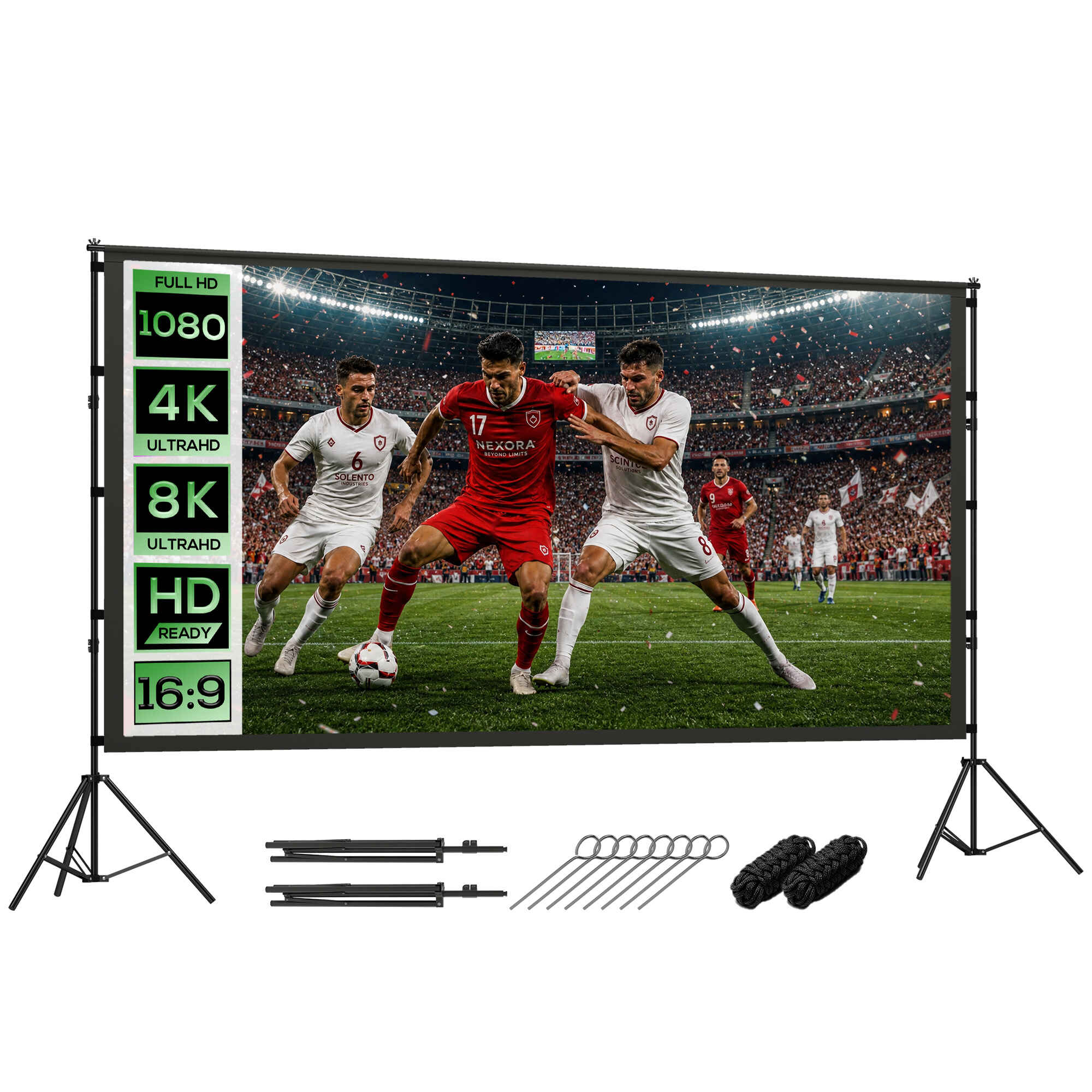 Pantalla de Proyector Manual 120 Pulgadas con Soporte, Pantalla de Proyección Formato 16:9, HD 4K/8K, Ángulo 160°, Doble Cara, Trípodes Plegables, para Interior y Exterior, Cine en Casa, Blanco