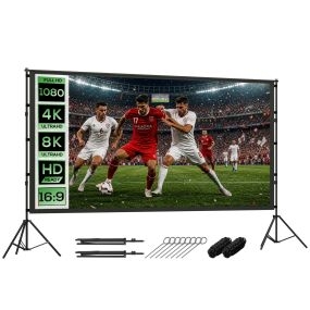 Pantalla de Proyector Manual 120 Pulgadas con Soporte, Pantalla de Proyección Formato 16:9, HD 4K/8K, Ángulo 160°, Doble Cara, Trípodes Plegables, para Interior y Exterior, Cine en Casa, Blanco