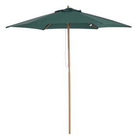 Sombrilla de jardín Ø250x230 cm con 6 varillas, poste desmontable, anti-UV, impermeable, madera, verde