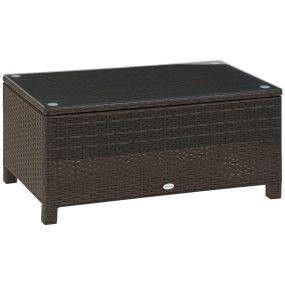 Mesa de jardín de ratán sintético con vidrio templado 85x50x39 cm marrón
