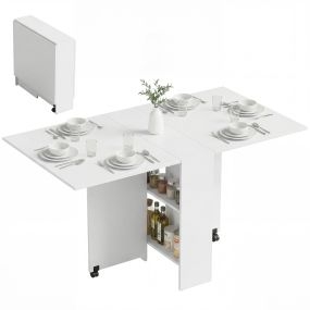 Mesa Plegable de Comedor Mesa de Cocina Plegable con Ruedas Alas Abatibles y Estantes para 4-6 Personas 75x140x74 cm Blanco