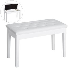 Banqueta de piano con almacenamiento, asiento de cuero sintético, patas de madera, blanco, 76x36x50 cm, 200 kg