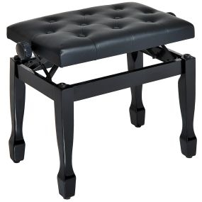 Banco de piano ajustable con asiento de cuero sintético, patas de madera, negro, 64x35x55 cm, 200 kg