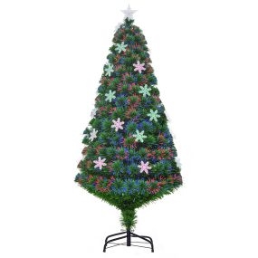 Árbol de Navidad artificial de abeto 150 cm con soporte, copos de nieve, fibra óptica LED multicolor, ignífugo
