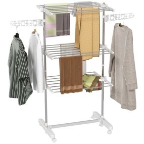 Tendedero vertical plegable de acero inoxidable plata con 6 ruedas y 2 laterales abatibles