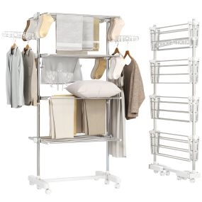 Tendedero vertical plegable de acero inoxidable con 6 ruedas, 2 laterales abatibles y estantes ajustables blanco