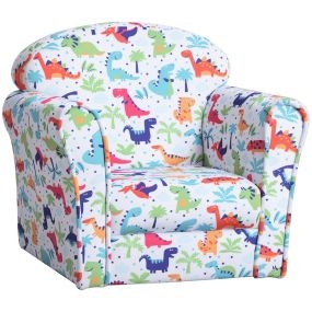 Sillón infantil para niños +18 meses con estampado de dinosaurios, madera, espuma y franela, 50x39x44 cm multicolor