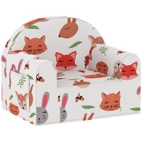 Sillón infantil con estampado de zorros, funda extraíble y lavable, bolsillo lateral, blanco