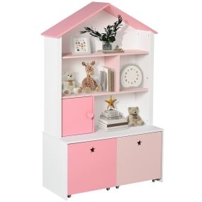 Estantería infantil de madera con 4 compartimentos, 1 puerta y 2 cajones con ruedas, rosa y blanco