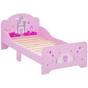 Cama infantil de madera rosa 143x73x60 cm para niños +3 años, carga 50 kg, estampado de estrellas, corazones y castillo