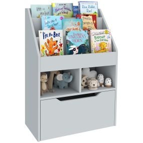 Estantería infantil de madera con 3 compartimentos, 2 cubos y cajón móvil con ruedas, gris, 60x29,9x90 cm