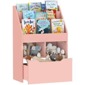 Estantería infantil de madera rosa con 3 compartimentos, 2 cubos y cajón móvil 60x29,9x90 cm