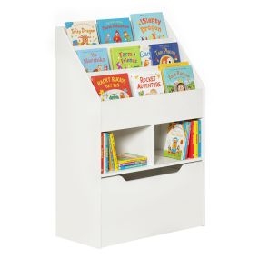 Estantería infantil de madera blanca con 3 compartimentos, 2 cubos y cajón móvil 60x29,9x90 cm