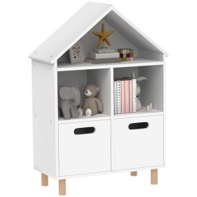 Librería Infantil de 3 Niveles, Estantería para Libros Forma Casa con 3 Estantes y 2 Armarios, para Sala de Juegos, Dormitorio, Guardería, para Niños de 3 a 8 Años, Blanco