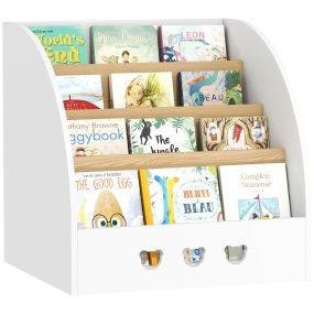 Estantería infantil para juguetes de 4 niveles con compartimento oculto y ruedas blanco y natural