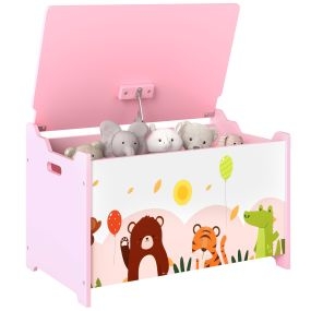 Caja de almacenaje de juguetes infantil rosa con tapa abatible, cierre suave y asas, estampado de animales