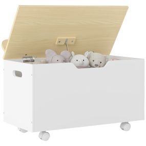 Caja de almacenaje de juguetes con ruedas, tapa abatible, diseño nube, blanco y natural