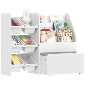 Estantería infantil para juguetes con 6 cajas extraíbles, 3 estantes y cajón con ruedas, blanco