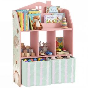 Estantería infantil para juguetes con cajones de tela y diseño de zorros rosa
