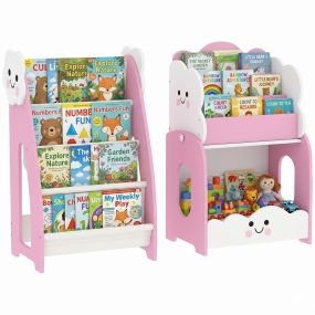 Estantería Infantil para Juguetes 3 en 1, Organizador de Juguetes con Librería, Revistero y Mesita de Noche, para Niños 3-8 Años, para Dormitorio, Sala de Juegos, 85,5x32x72 cm, Rosa