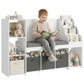 Estantería infantil para juguetes con rincón de lectura, cojín, 3 cajones, 3 estantes, 4 cubículos, 137x40x80 cm, blanco y gris