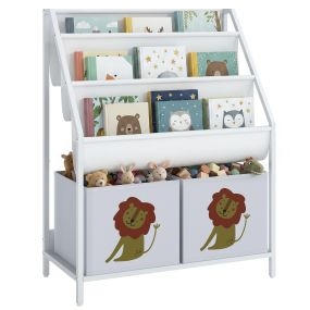 Librería infantil Montessori de 4 niveles con 3 estantes y 2 cajones de tela, diseño de león, blanco, 76 cm
