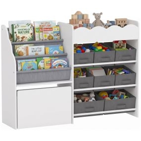 Estantería Infantil de Juguetes con 8 Cestas de Tela, Cajón con Ruedas, Organizador de Juguetes con Librería, Estante Abierto, 3-8 Años, Dormitorio, Guardería, 109x30x80 cm, Blanco