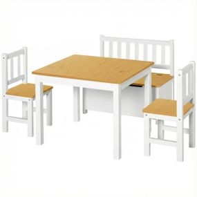 Mesa y sillas infantiles 4 piezas con banco con almacenaje blanco y natural para +3 años