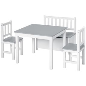 Mesa y sillas infantiles de 4 piezas con banco con almacenaje gris y blanco para +3 años