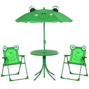 Set de mesa y sillas infantil de jardín plegable con sombrilla ajustable 100-125 cm verde rana