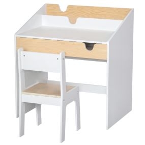 Escritorio infantil 2 en 1 con silla, cajón y estantes, 70x50x75 cm, blanco y natural