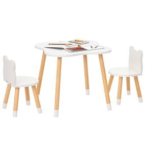 Mesa y sillas infantiles de madera natural y blanco para sala de juego y dormitorio de niños