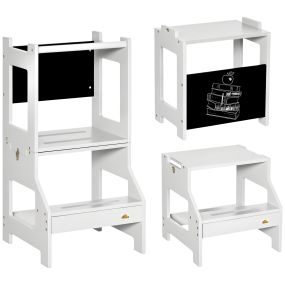 Torre de aprendizaje 2 en 1 convertible en escritorio con pizarra y barra de seguridad gris 42x44x86 cm