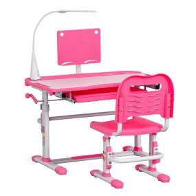 Juego de escritorio y silla infantil ajustable con lámpara LED y portalápices rosa