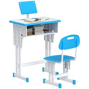 Juego de escritorio y silla infantil ajustable con cajón, ranura para lápiz y estante azul