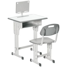 Juego de escritorio y silla infantil ajustable con cajón, ranura para lápiz y estante, gris