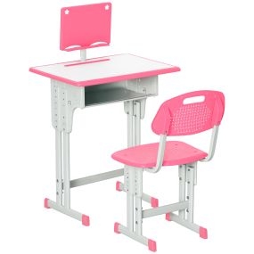 Juego de escritorio y silla infantil ajustable con cajón, ranura y estante, acero, rosa, 60x45x90-102 cm
