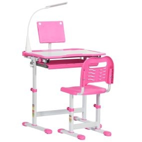 Juego de escritorio y silla infantil ajustable con mesa inclinable, lámpara, cajón y estante rosa