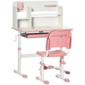 Juego de escritorio y silla infantil ajustable con tablero inclinable, cajón y estantería rosa