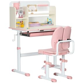 Juego de escritorio y silla infantil ajustable con cajón, estante y tablero inclinable rosa y blanco