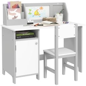 Juego de mesa y silla infantil de madera con pizarra blanca gris 90x45x85 cm para niños +5 años