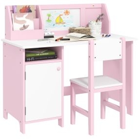 Juego de mesa y silla infantil de madera con pizarra blanca rosa 90x45x85 cm para niños +5 años